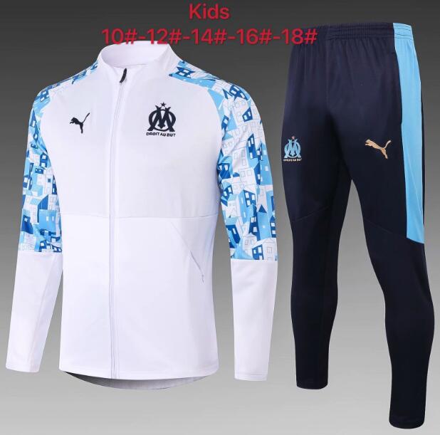 Kids Olympique Marseille White Blue Jacket Training Suits with Pants 2020/21